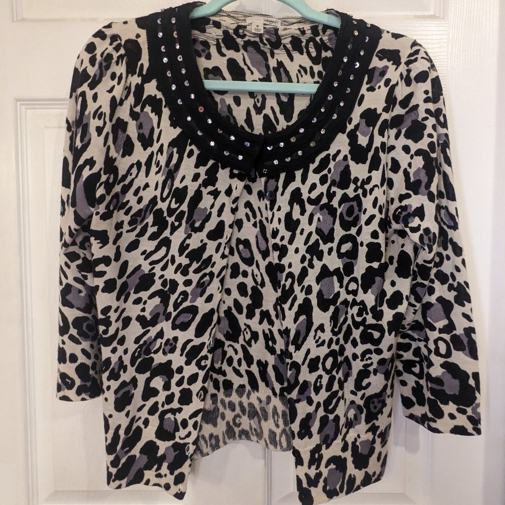 Merino Wool Sequin Embellished Neckline White Leopard Print 3/4 Sleeve Cardigan